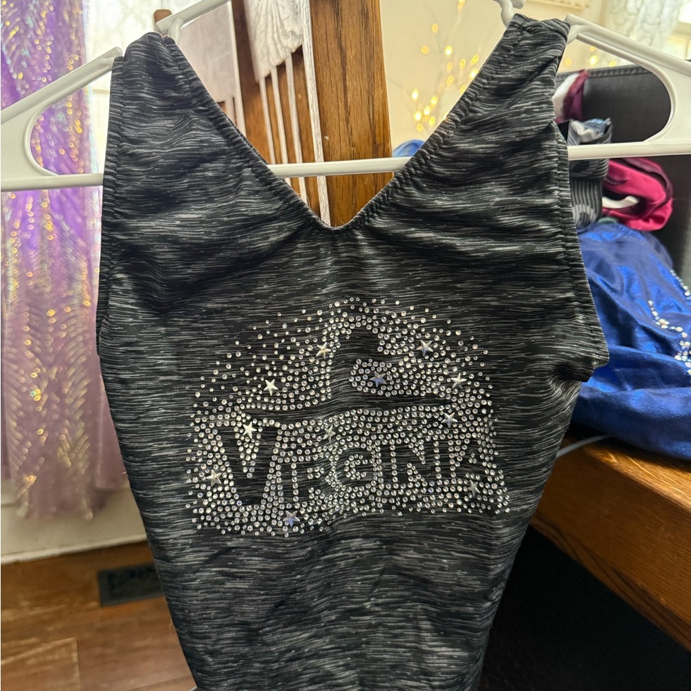 Gray Virginia gymnastics leotard with Rhinestone Design